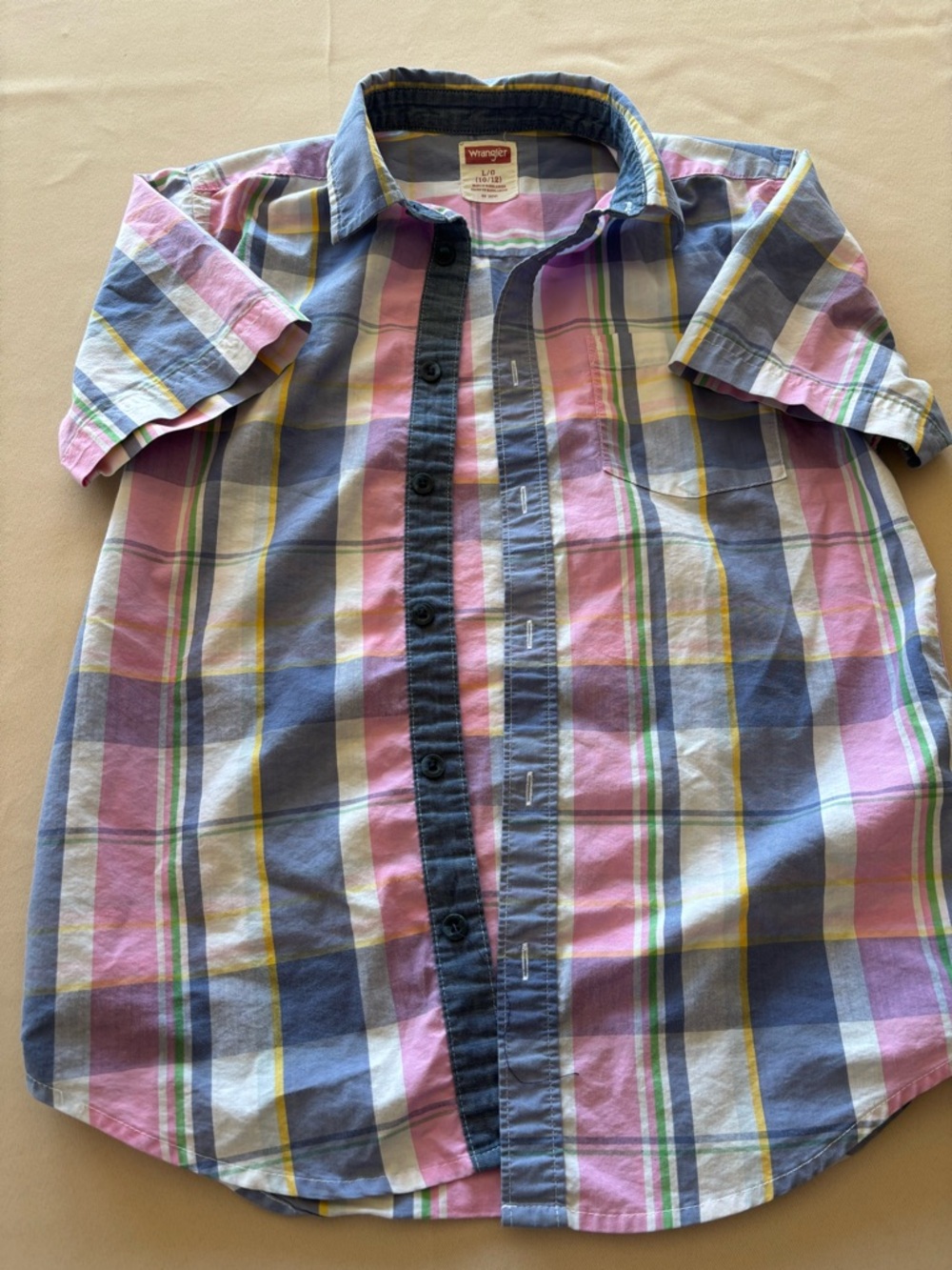 Wrangler Short Sleeve Plaid Button-Down Shirt in Pink, Blue & Yellow